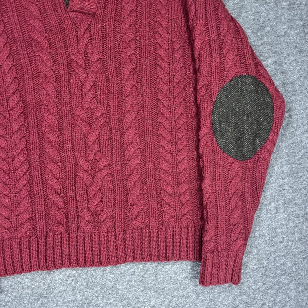 Alan Paine Henley Sweater Mens XL Red Cable Knit English Explorer Elbow Patches - Picture 4 of 11